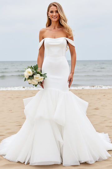 Off The Shoulder Ivory Ruffles Mermaid Wedding Dress